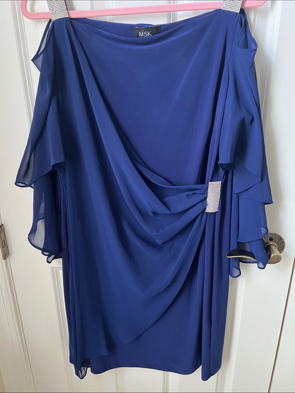 MSK Cobalt Blue Draped Chiffon Midi Dress with Rhinestone Accent XL
